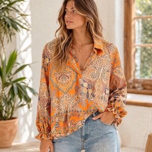 Vintage 70s/80s Gigi Moda Italy Paisley Blouse Orange Boho Top Womens L/XL